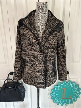Alison Sheri Tweed Bouclé Asymmetrical Moto Knit sweater jacket w/faux leather S